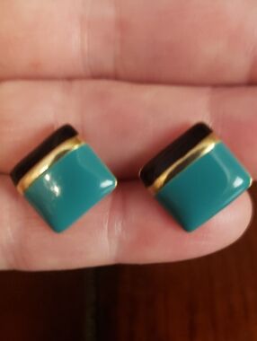 Turquoise and Black Enamel Square Stud Earrings with Gold Accent - 1/2"